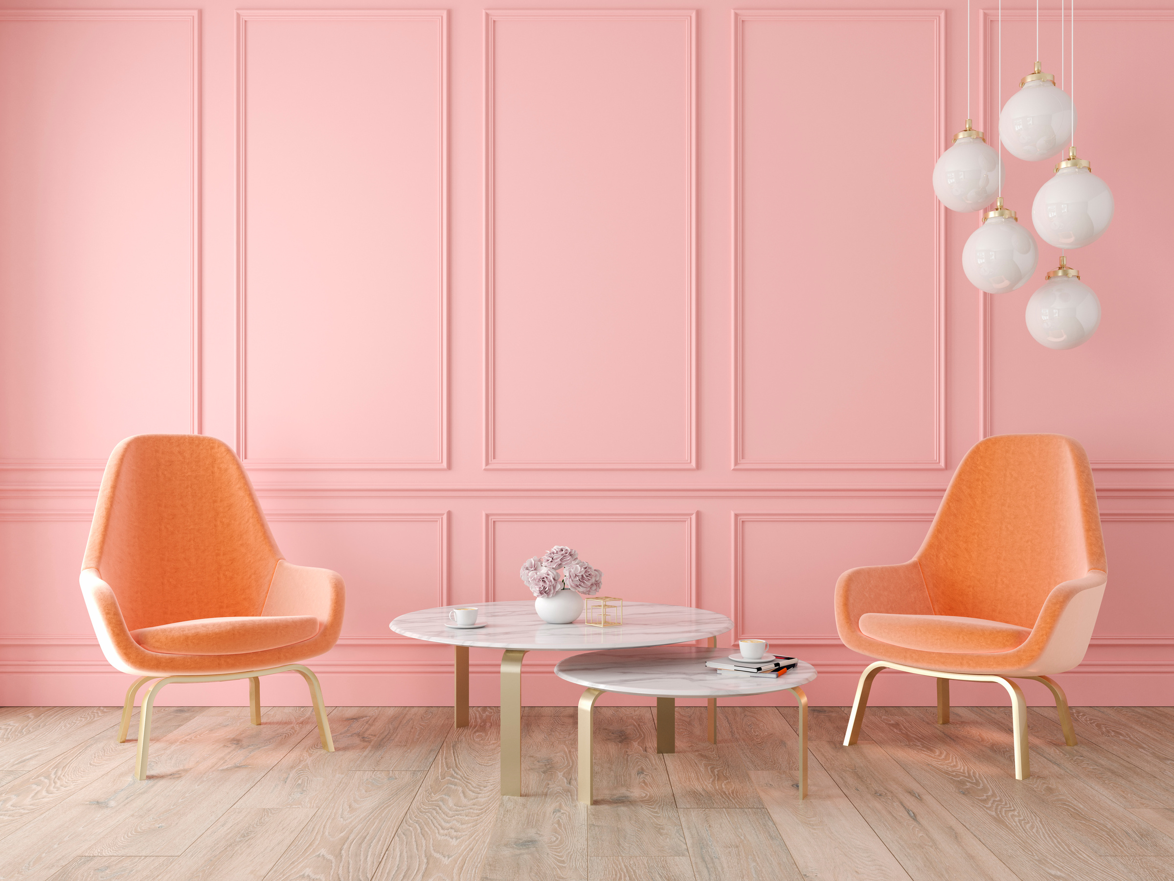 Modern Classic Interior with Pink Wall and Coral Armchairs